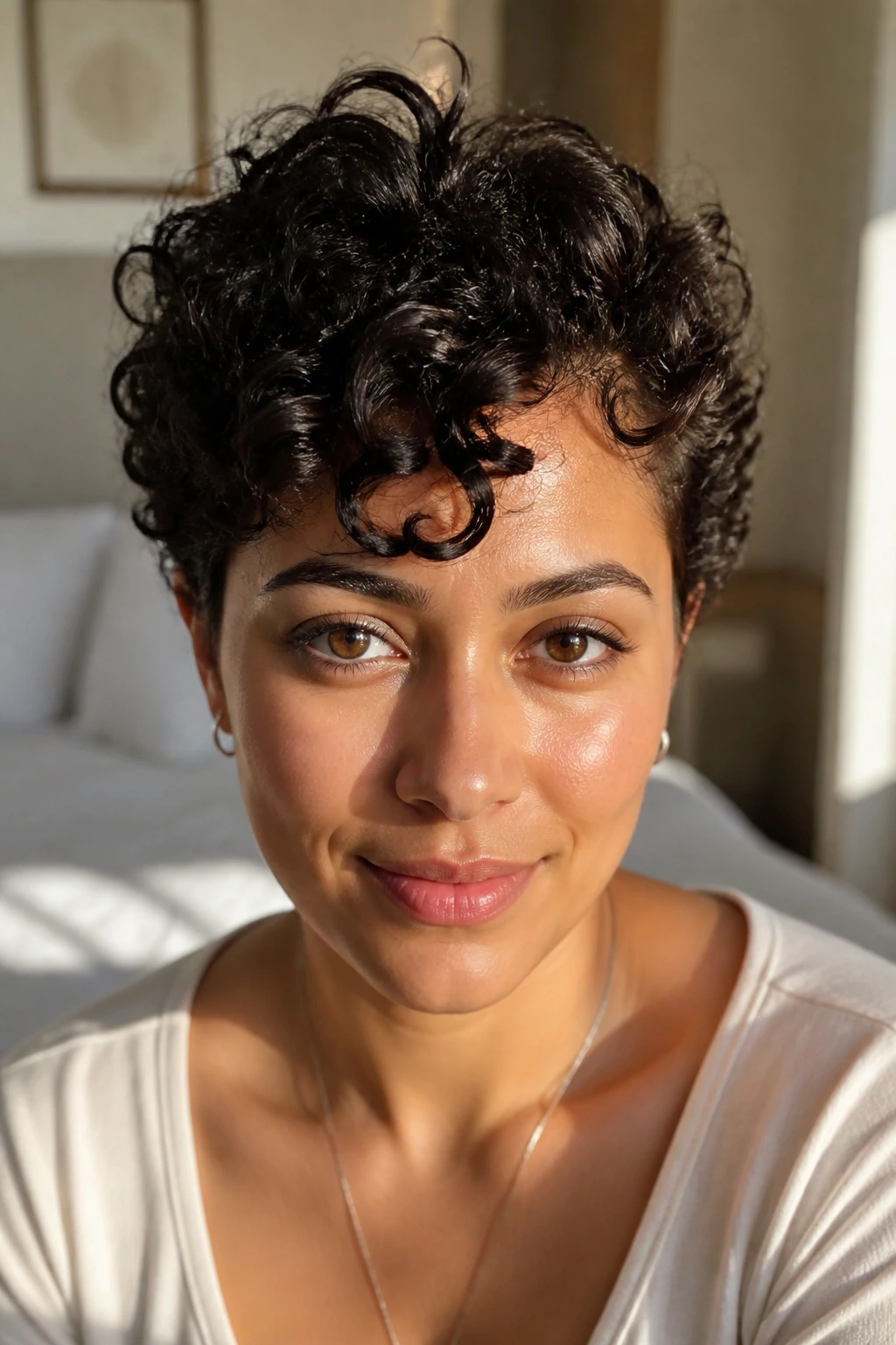 Close-up portrait of a real woman with short curly hair showing lift and definition