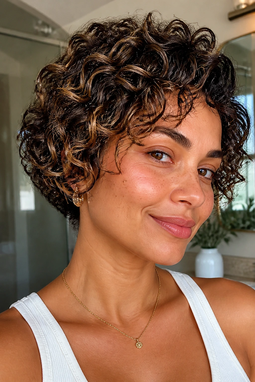 Real woman with fresh short curly highlights under bathroom lighting