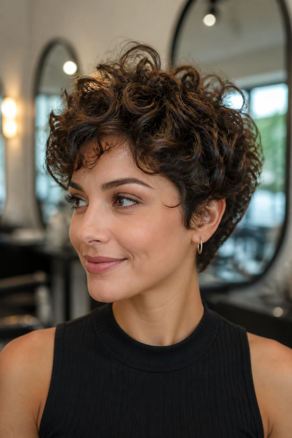 Medium close-up of a real woman with short curly hair showing lifted crown and perimeter.