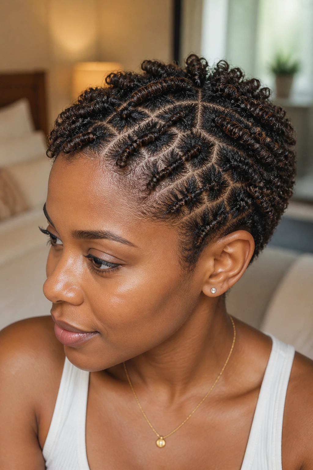 Close-up of a real woman with short natural curls showing tiny sections for styling in a cozy bedroom