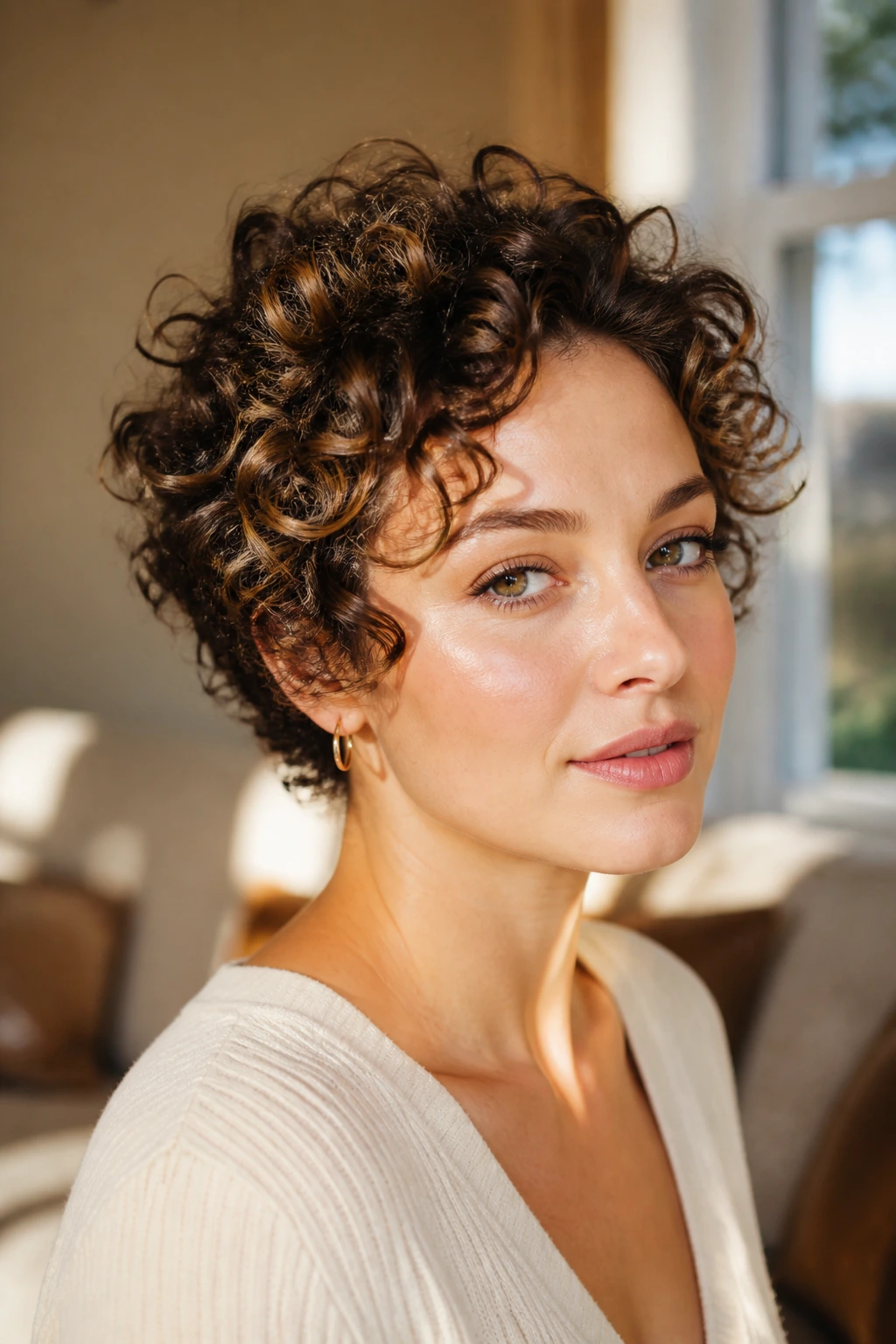 Portrait of a real woman with short curls showing lift and a soft perimeter.