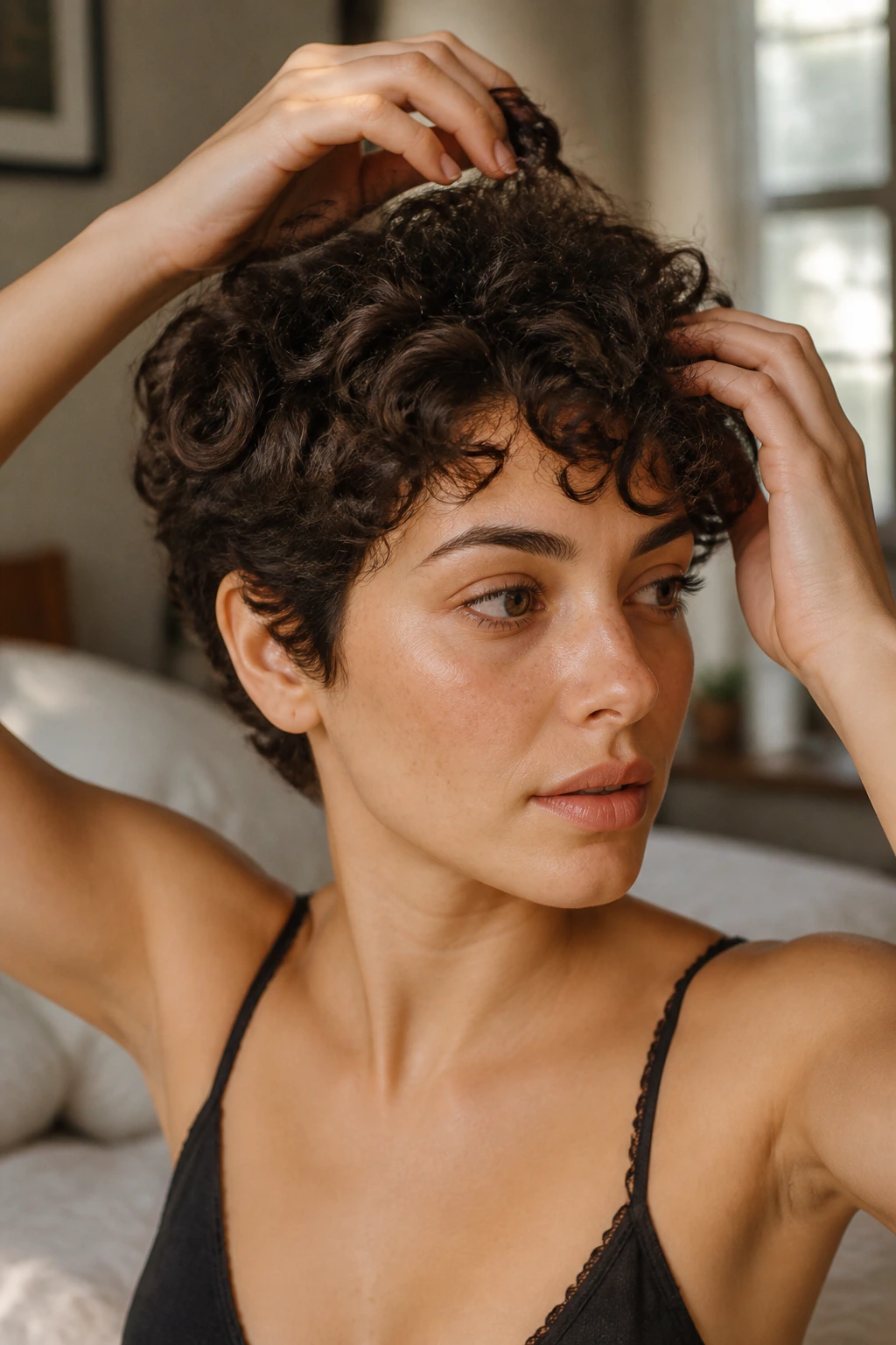 Close-up portrait of a real woman with short curly hair mid-scrunching motion