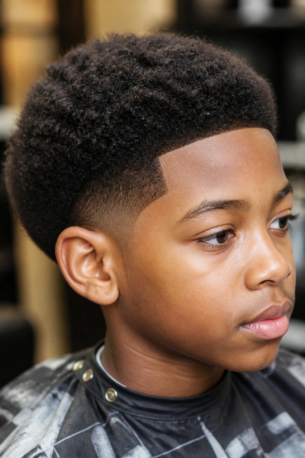 Close-up portrait of a real boy with a short curly Afro and crisp line-up