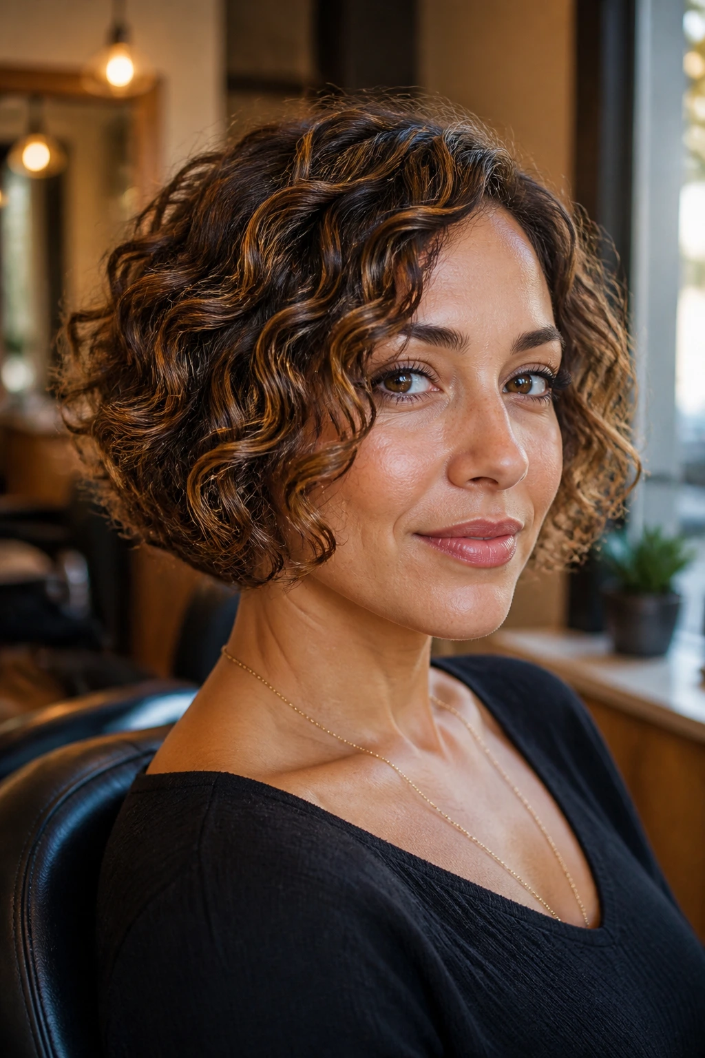 Close-up of a real woman with a short curly bob and caramel highlights, showing defined shape.