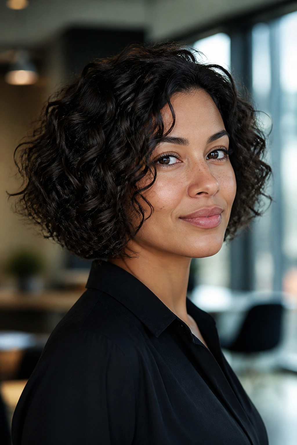 Close-up of a real woman with a jaw-length curly bob in an office setting