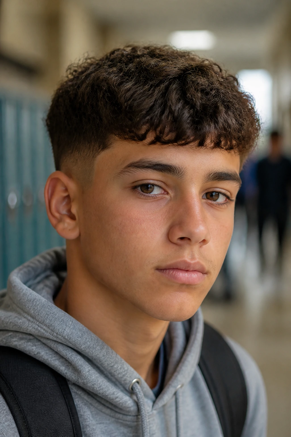 Close-up of a real boy with Short Curly Caesar showing forward fringe and neat taper