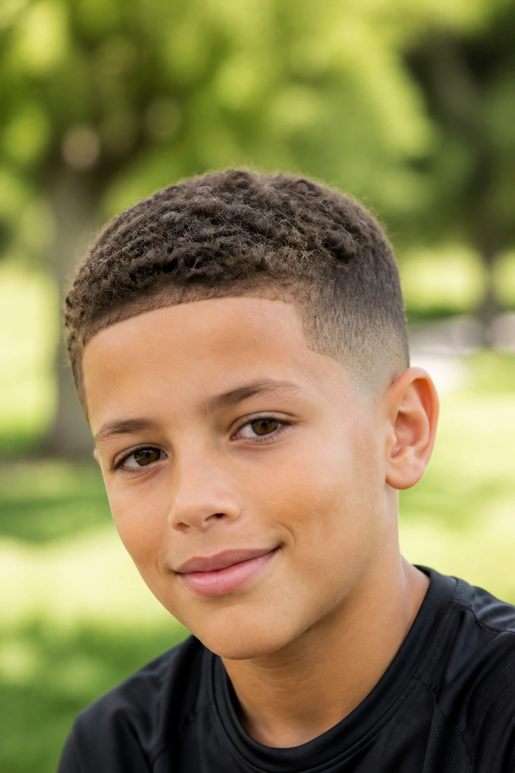 Close-up of a boy's head featuring a short curly crew cut in outdoor light