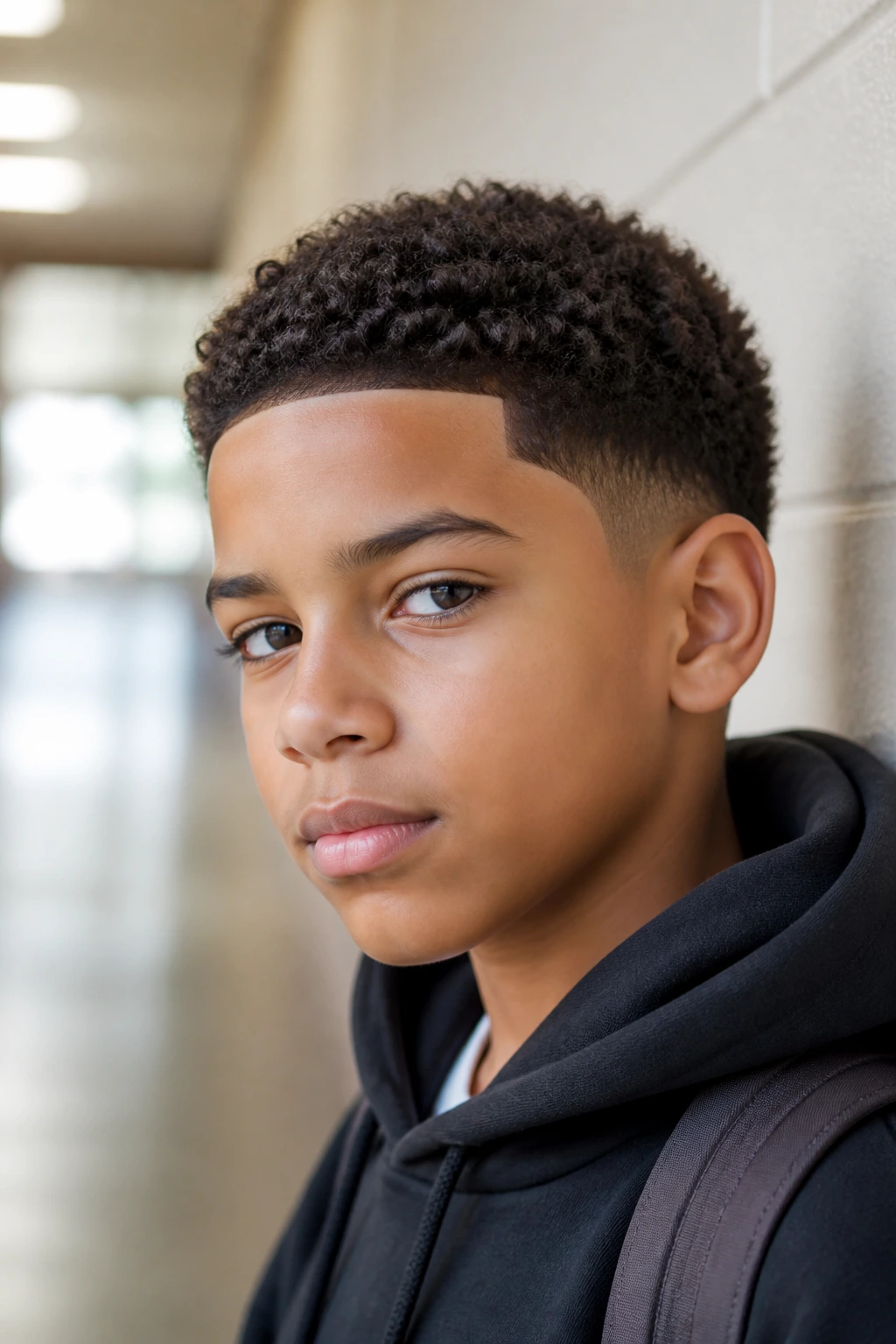 Close-up of a real boy with a short curly crop and sharp hairline.