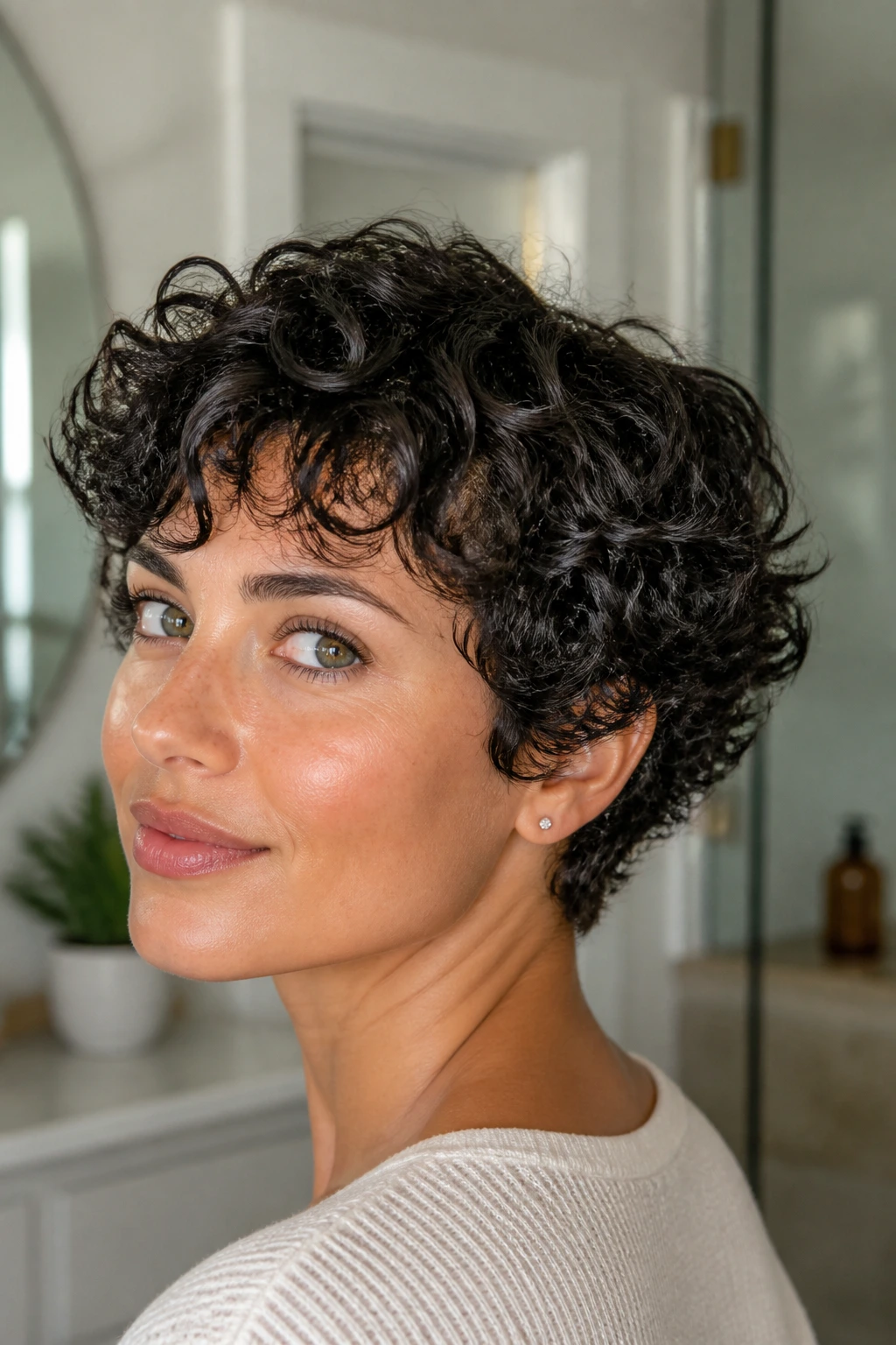 Close-up of a real woman with a short curly crop and soft nape in bright light