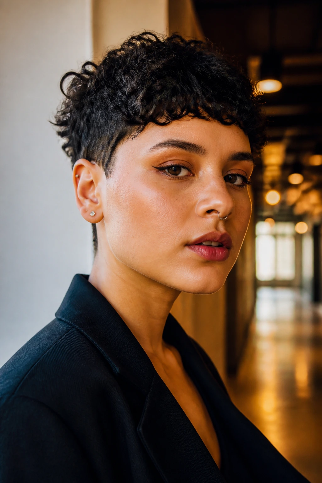 Close-up portrait of a real person with a short curly crop and square fringe.