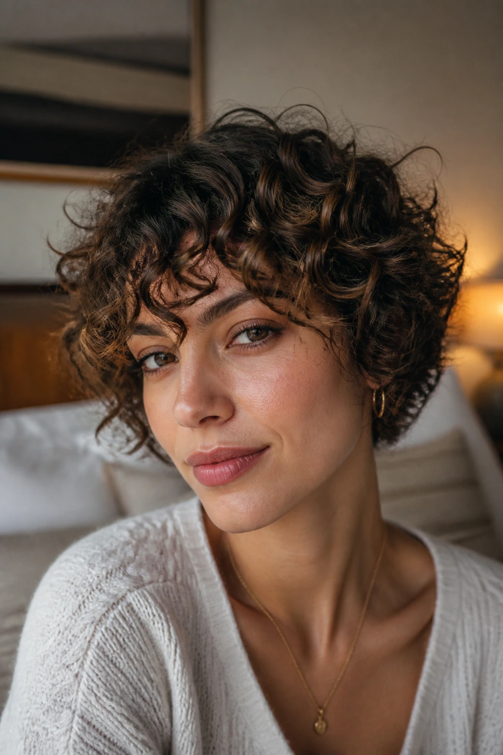 Close-up portrait of a real woman with a short curly cut and walnut lowlights