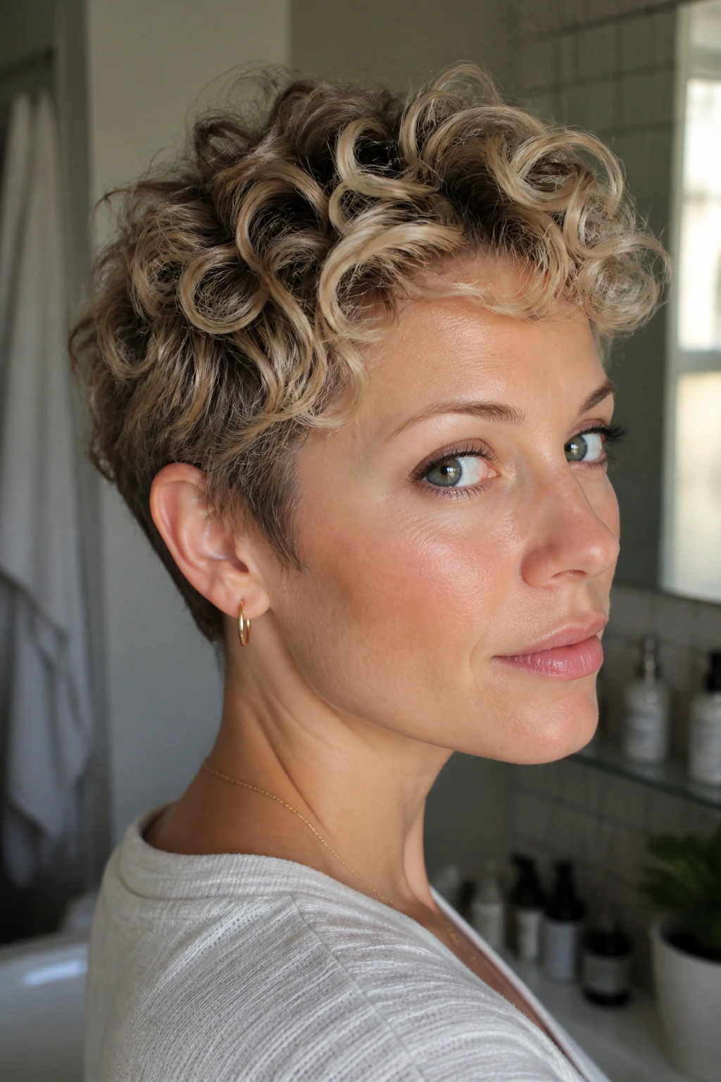 Close-up of a real person with short curly cut and subtle lowlights showing depth