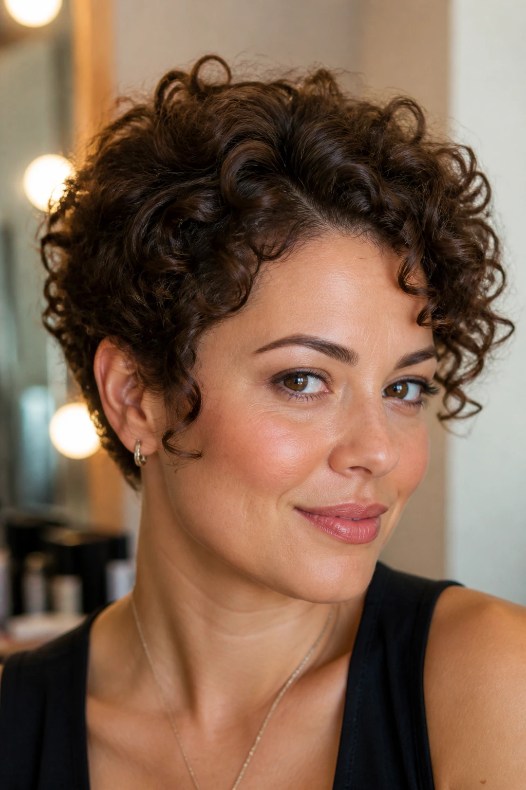 Close-up of a real person with a lifted short curly cut