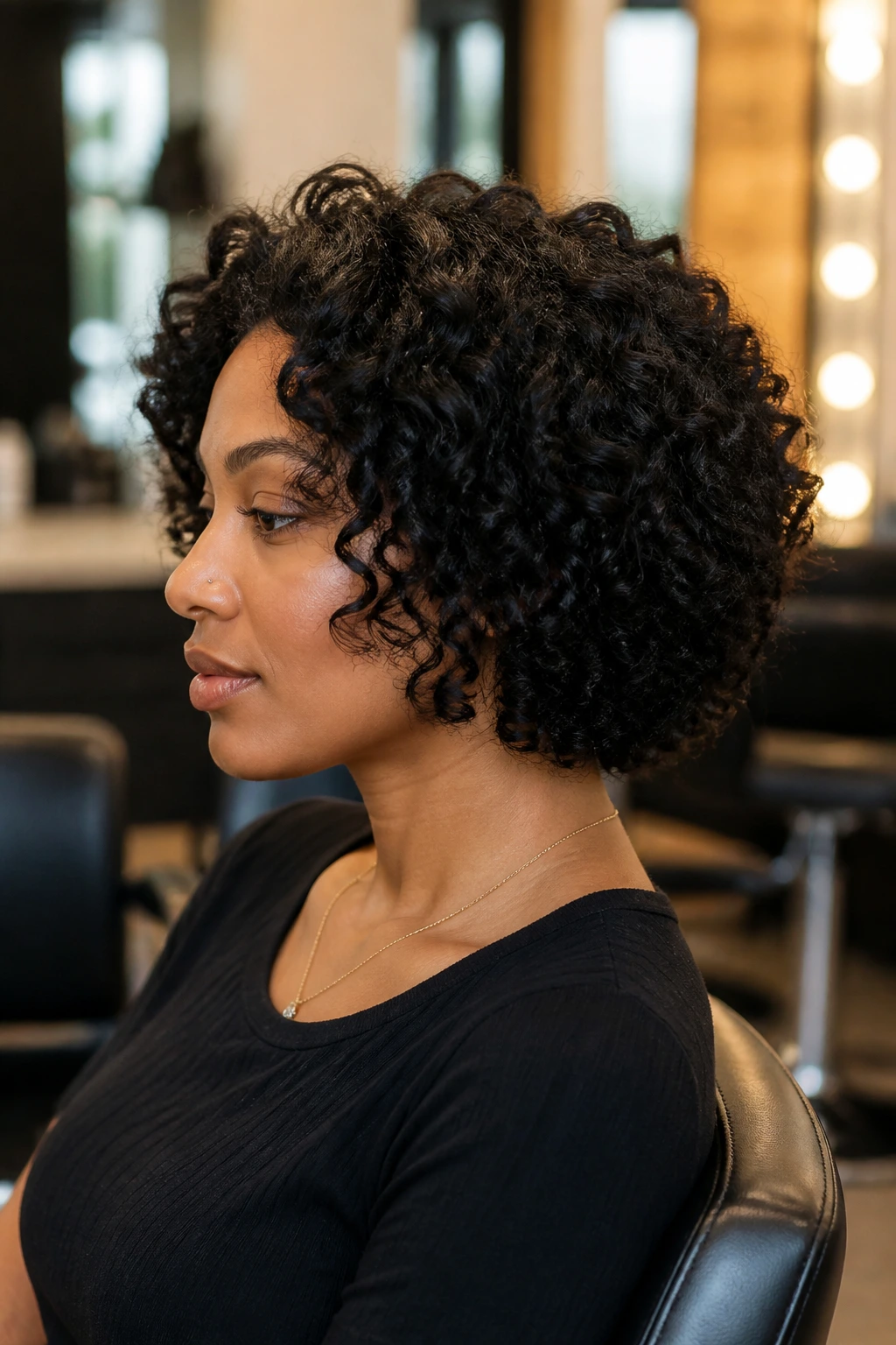 Portrait of person with chin-length rounded short curly cut in salon