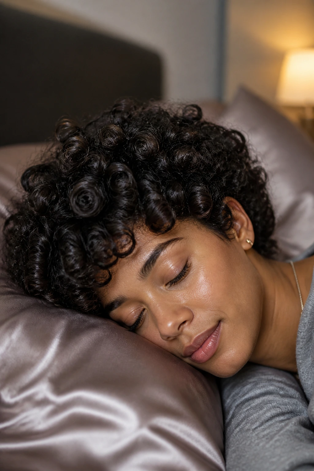 Close-up of a real woman with crisp short curls resting on satin pillow in a softly lit bedroom