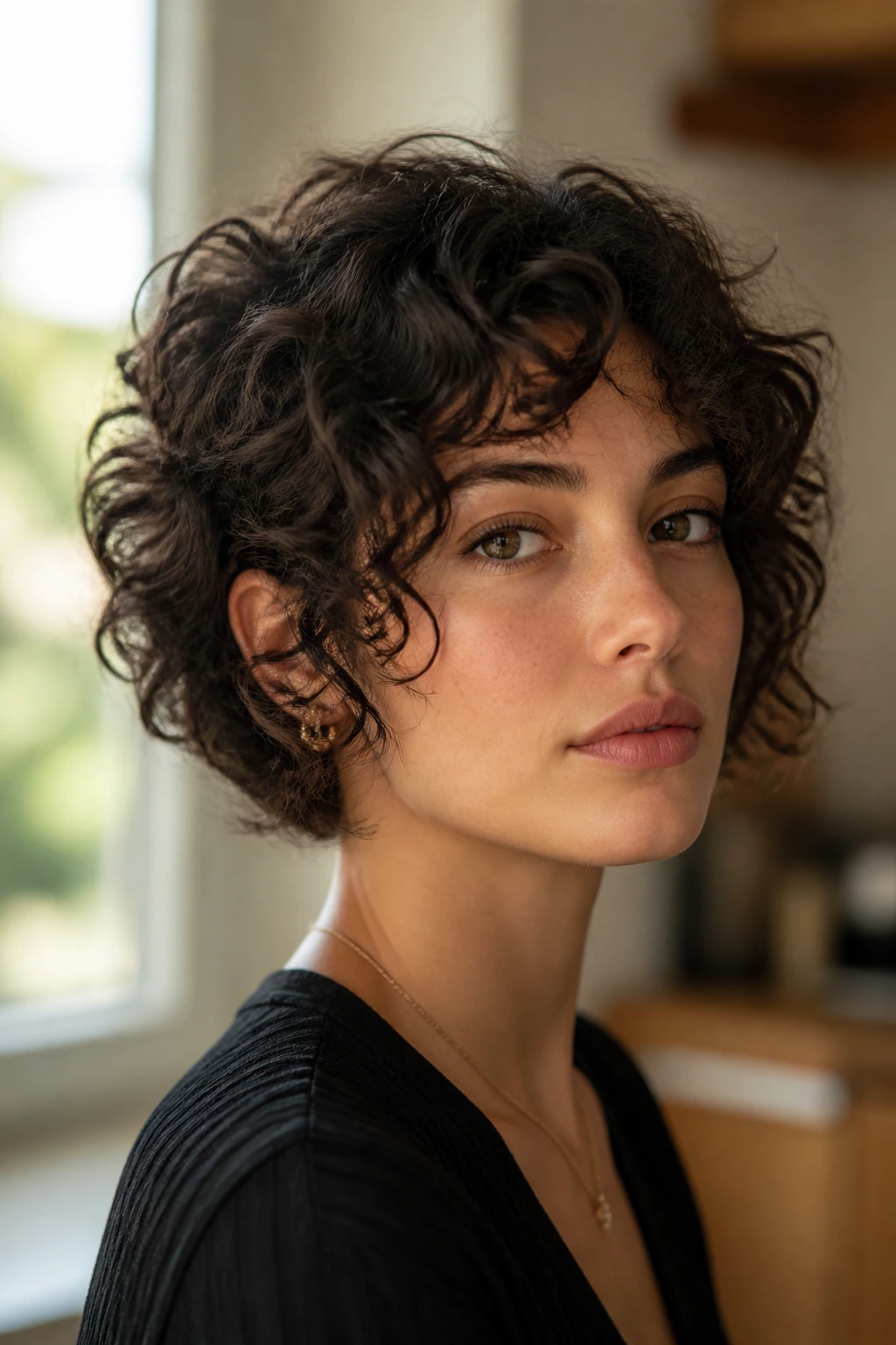 Close-up of a real person with short curly hair showing face-framing layers at temples and jaw.