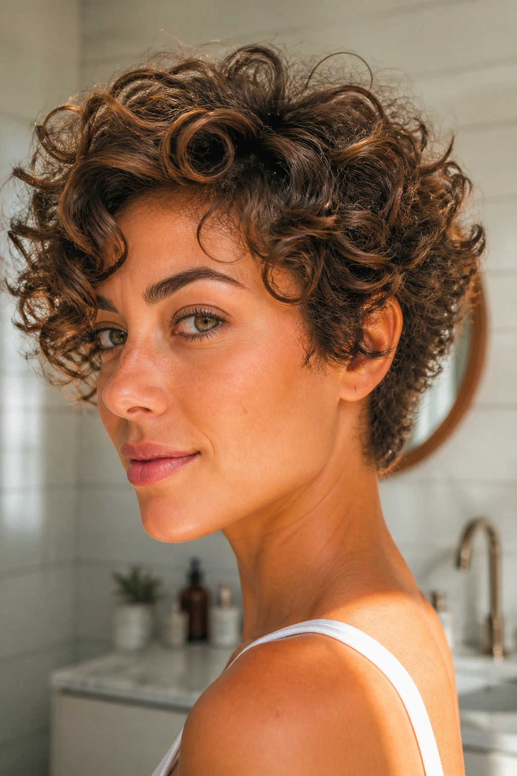 Close-up of a real woman with lifted short curls showing internal layering and crown lift.