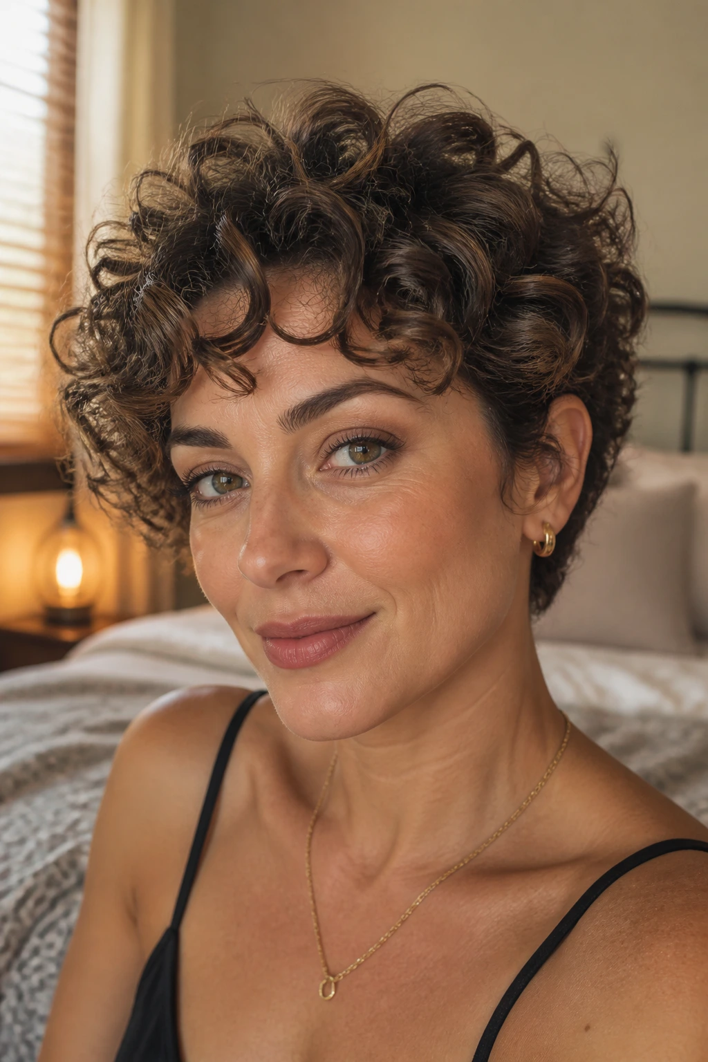 Close-up of a real woman with short curly hair and subtle lowlights in warm window light