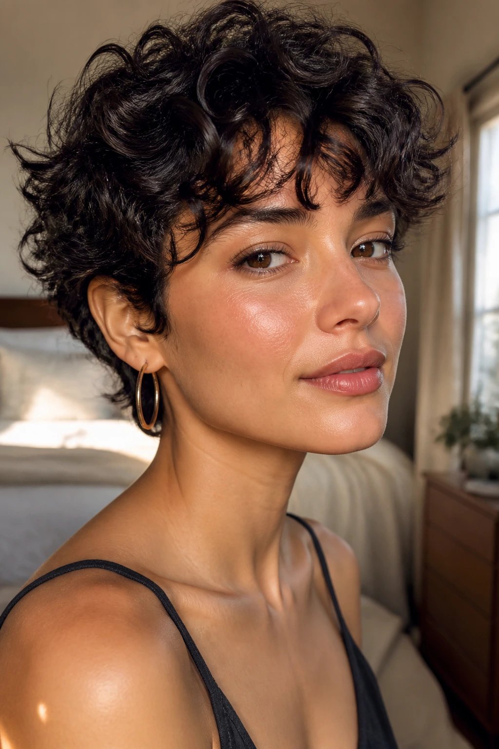 Close-up portrait of a real person with short curly hair in warm light