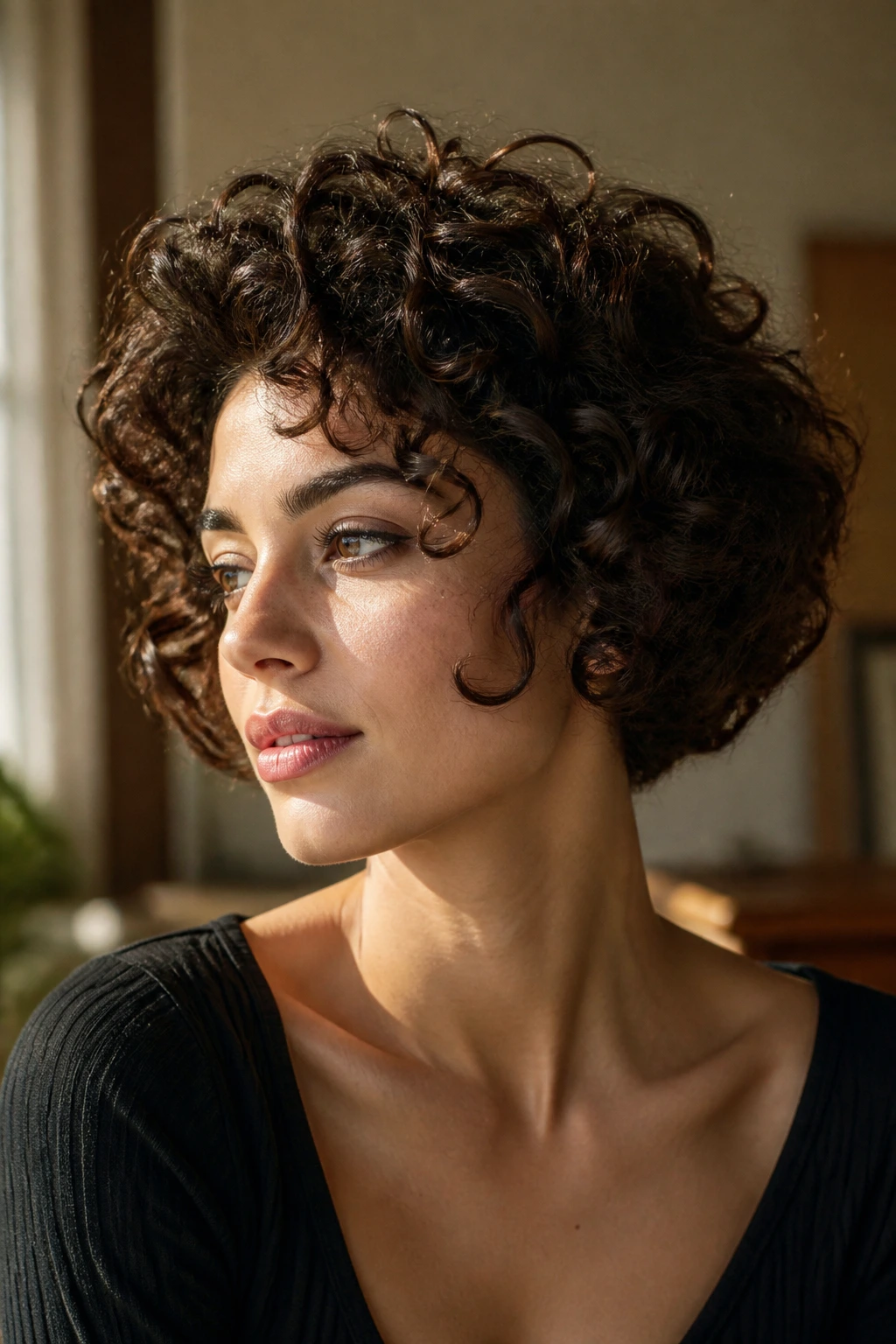 Close-up portrait showing defined short curly hair with shaped perimeter