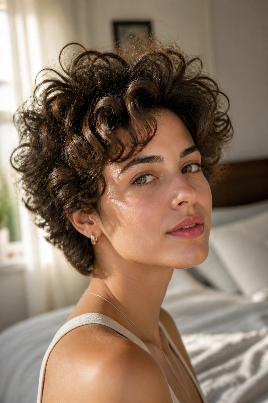 Close-up of a real woman with voluminous short curly hair showing root lift in a cozy bedroom.