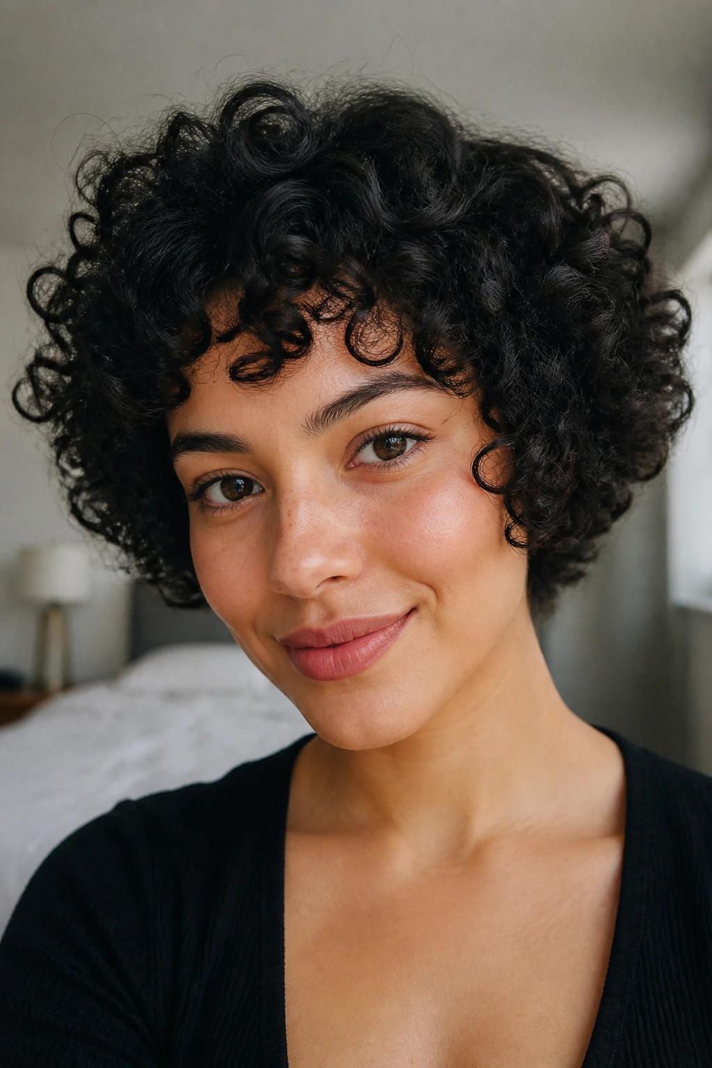Close-up portrait of a real person with a round-shaped short curly haircut, in a softly lit bedroom.