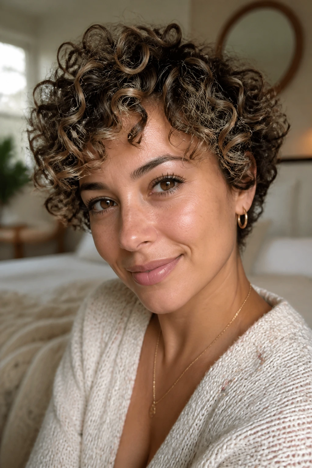 Close-up of a real woman with short curly highlights that follow the curl pattern