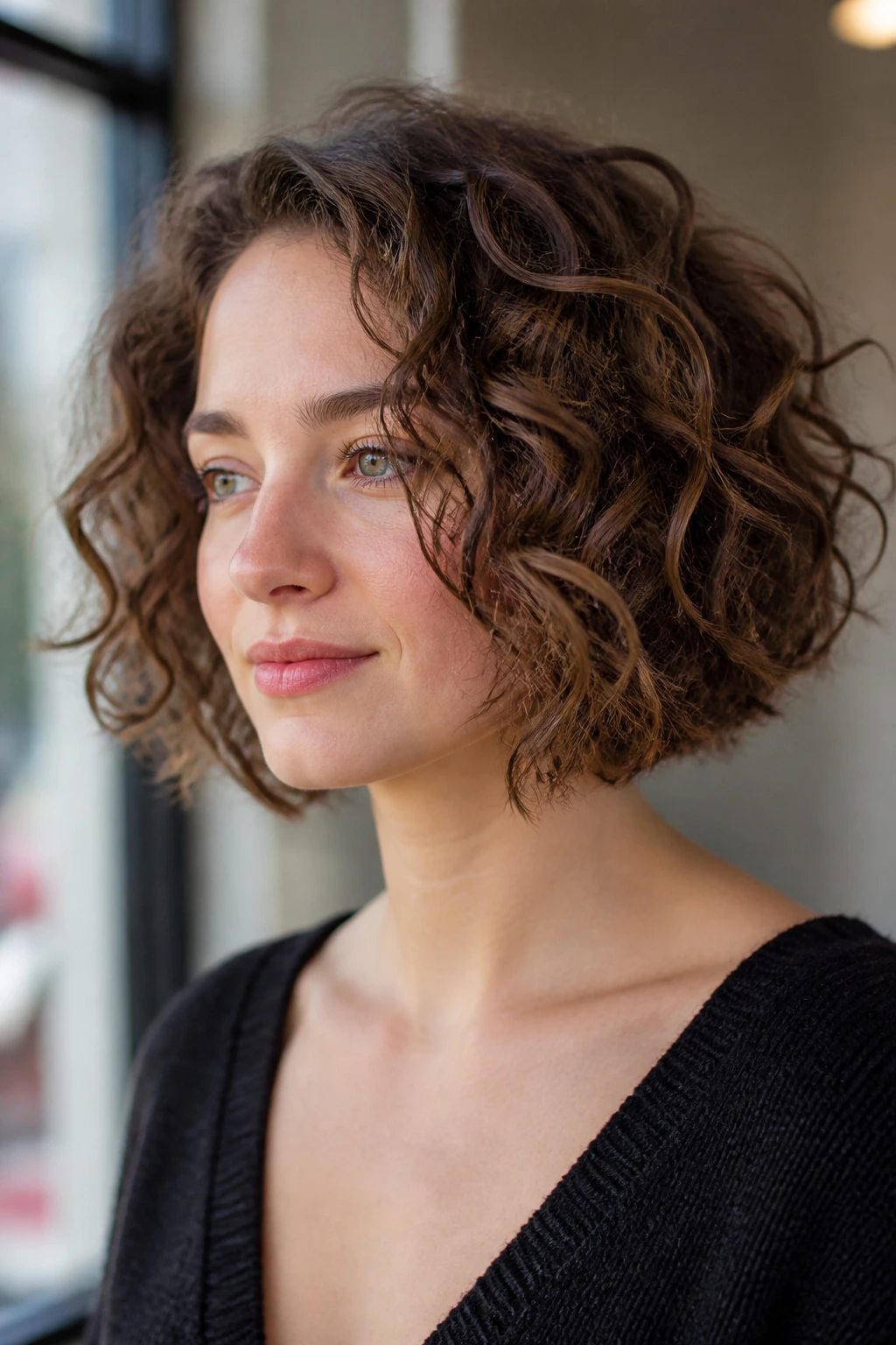 Portrait of a real woman with a short curly lob and beveled ends
