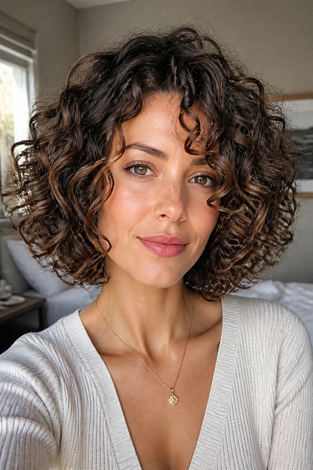 Close-up of a real woman with a short curly lob showing defined perimeter and lift