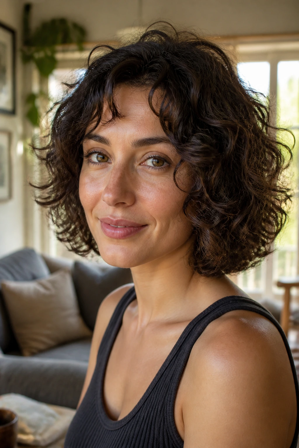 Close-up portrait of a real woman with a Short Curly Lob, hair framing the face.