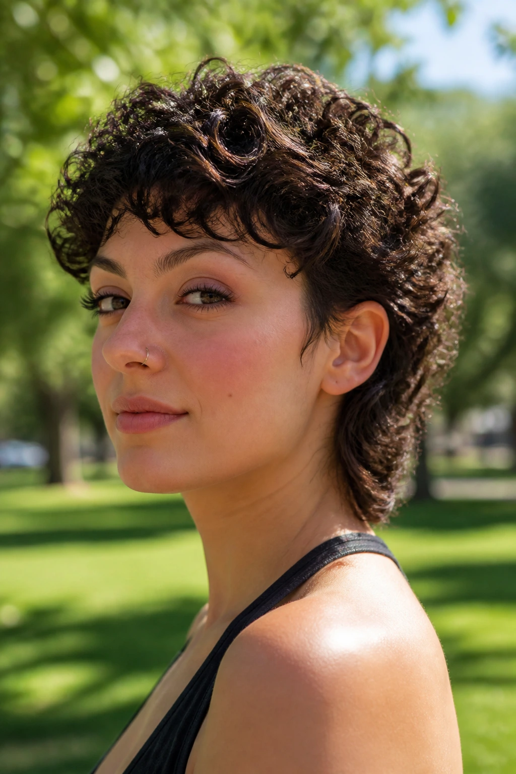 Close-up of short curly mullet with soft nape on a real person.