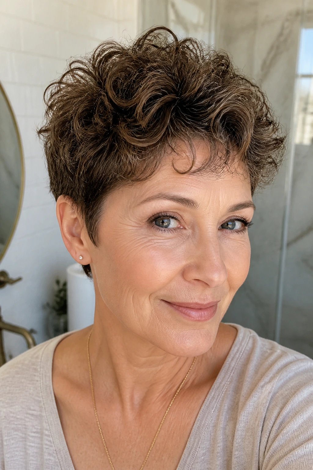 Close-up portrait of a real woman with a short curly pixie haircut in bright light