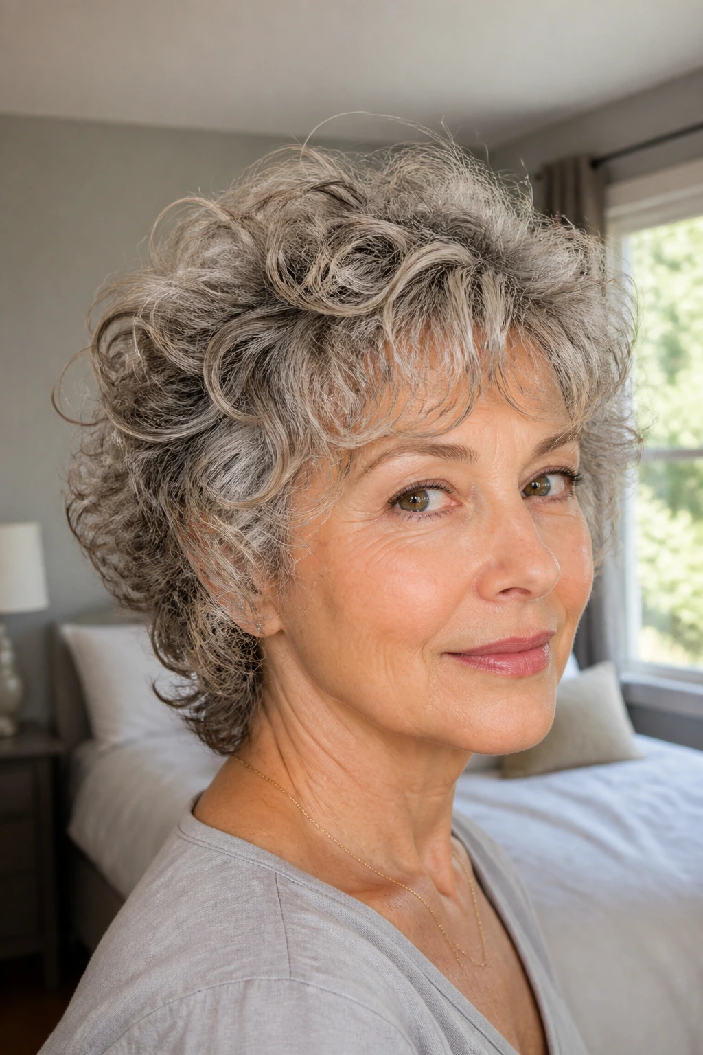 Close-up portrait of a real woman with short curly shag on fine hair