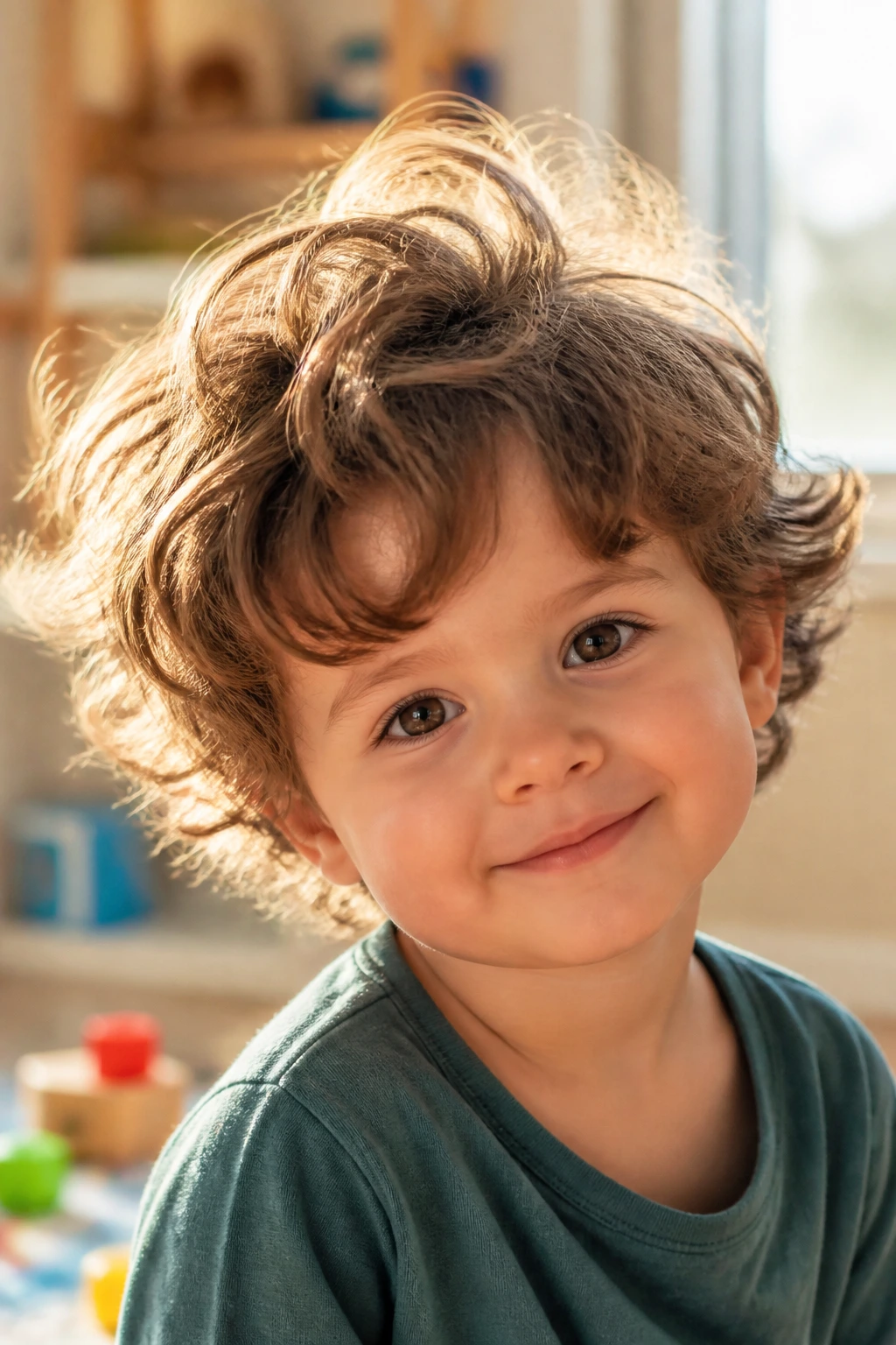 Close-up of toddler with short curly shag and crown layers