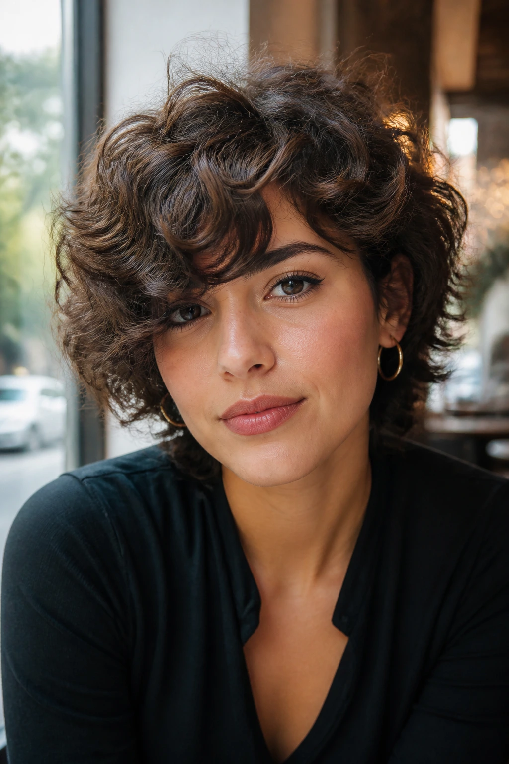 Close-up of short curly shag with tucked bangs