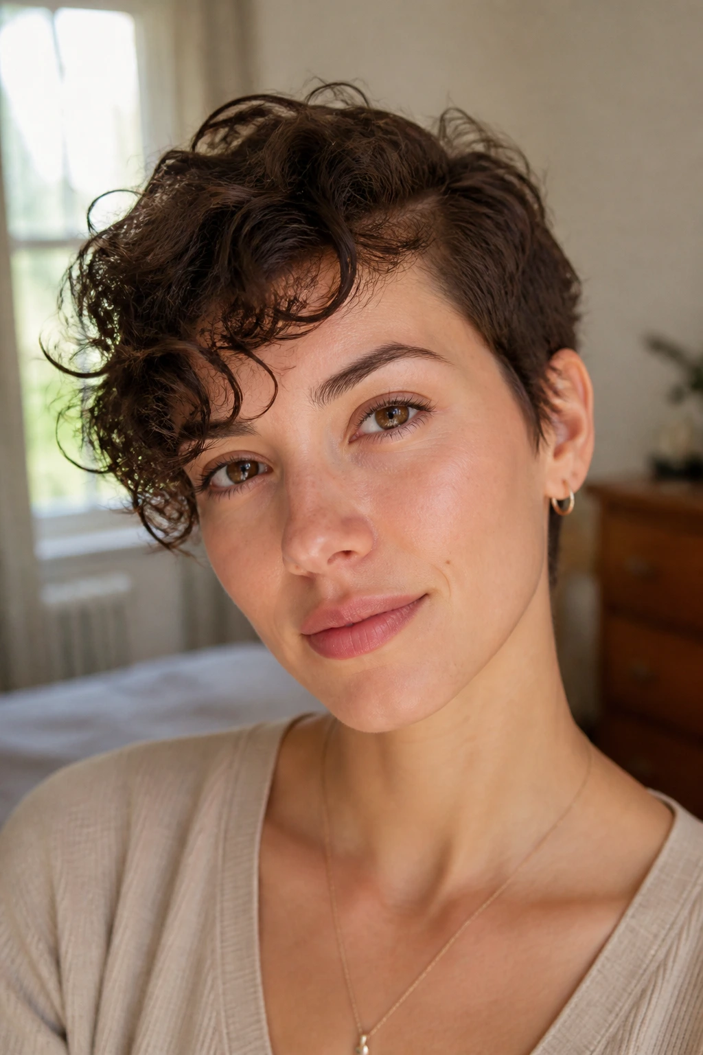 Close-up of real woman with short curly sweep fringe on an oval face