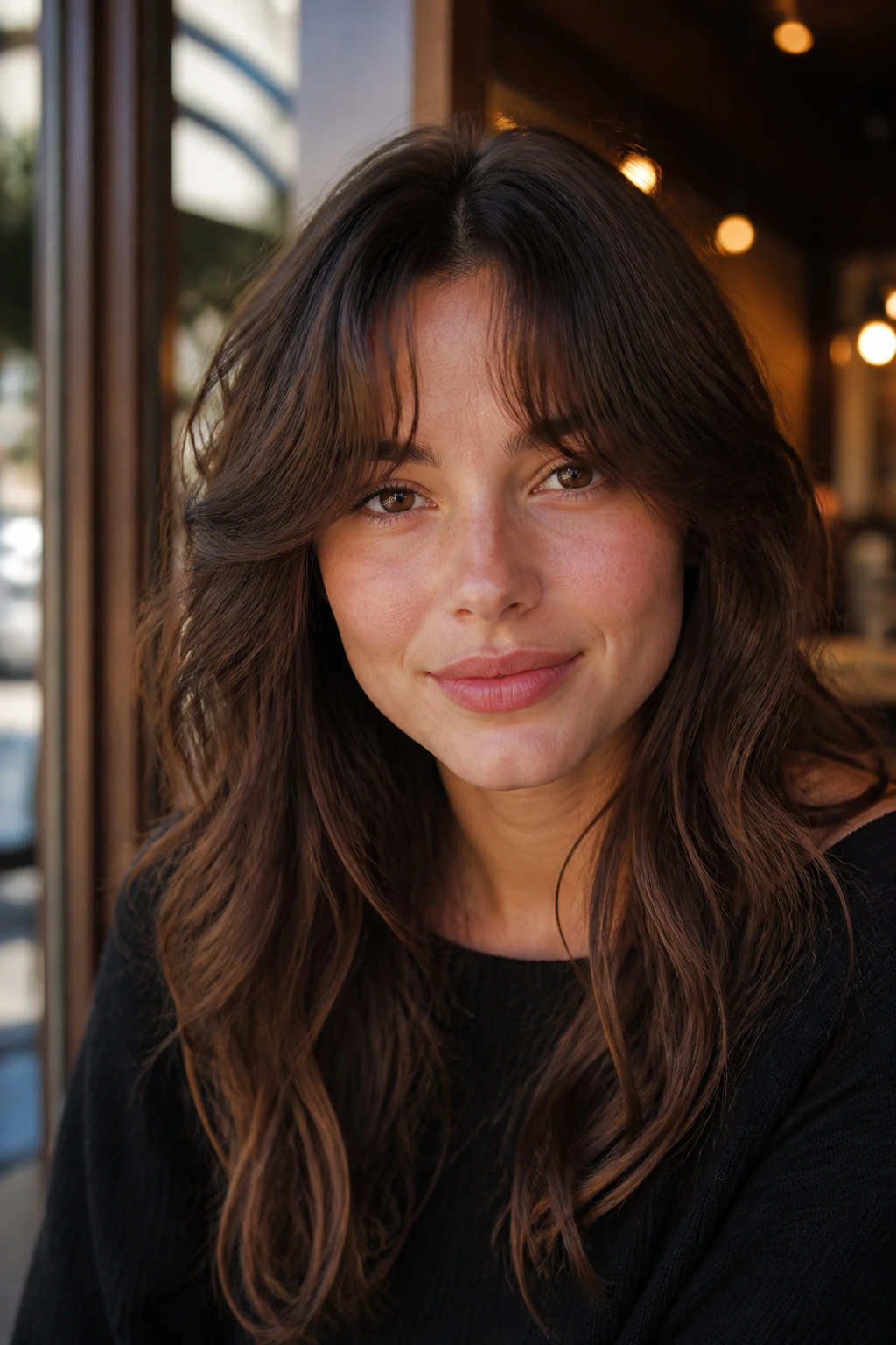 Close-up of a real woman with short curtain bangs and long hair in a cafe-style setting