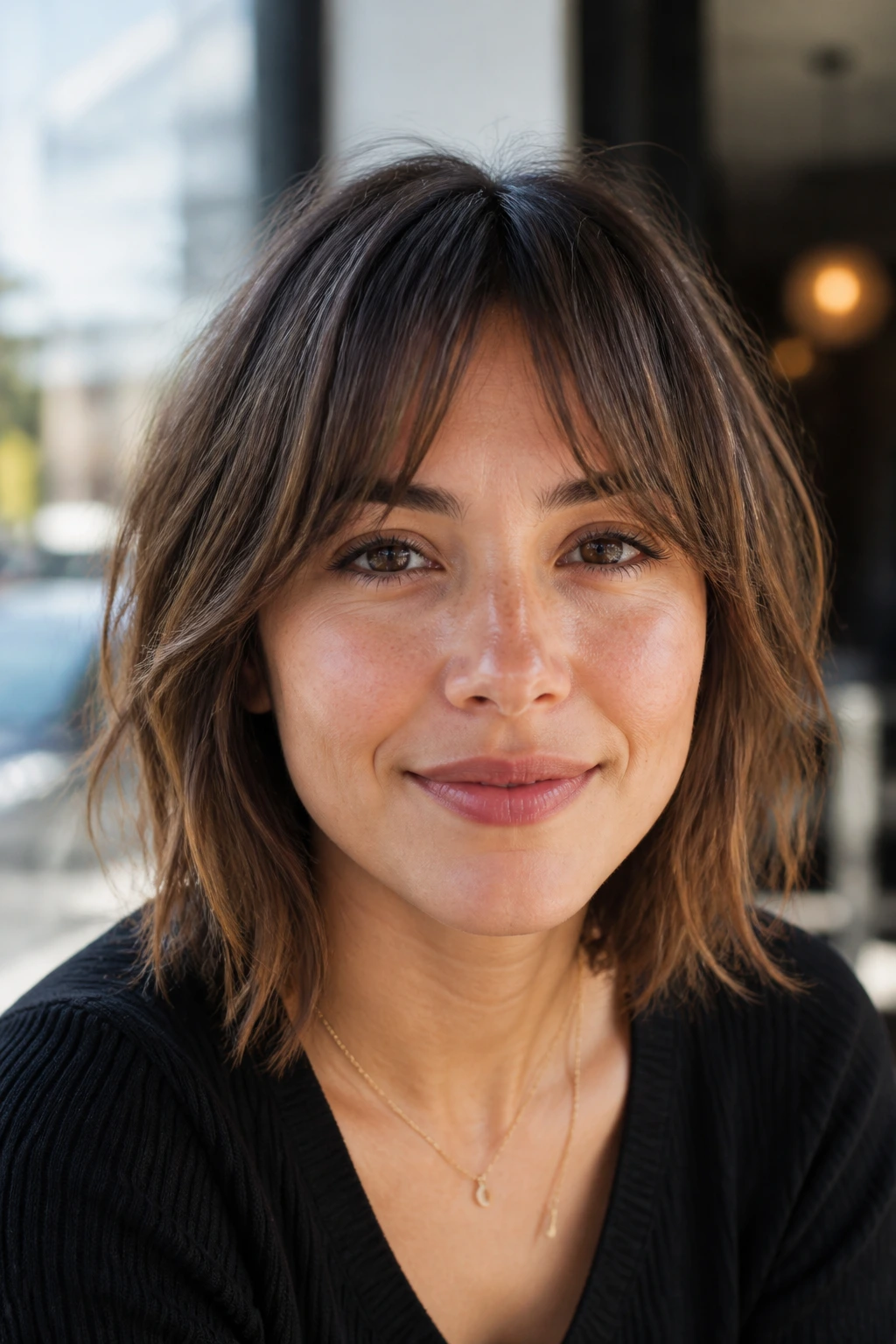 Close-up of a real woman with a short curtain fringe beneath the brows in warm window light