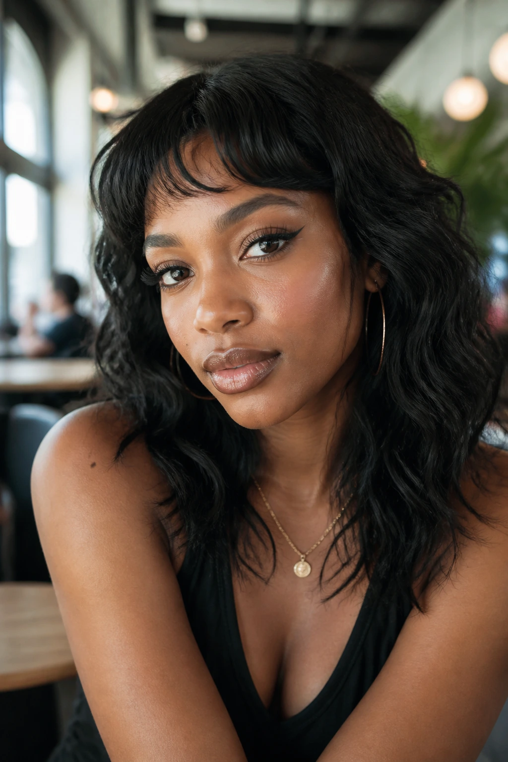 Portrait of a real woman wearing short curved bangs that emphasize bold features
