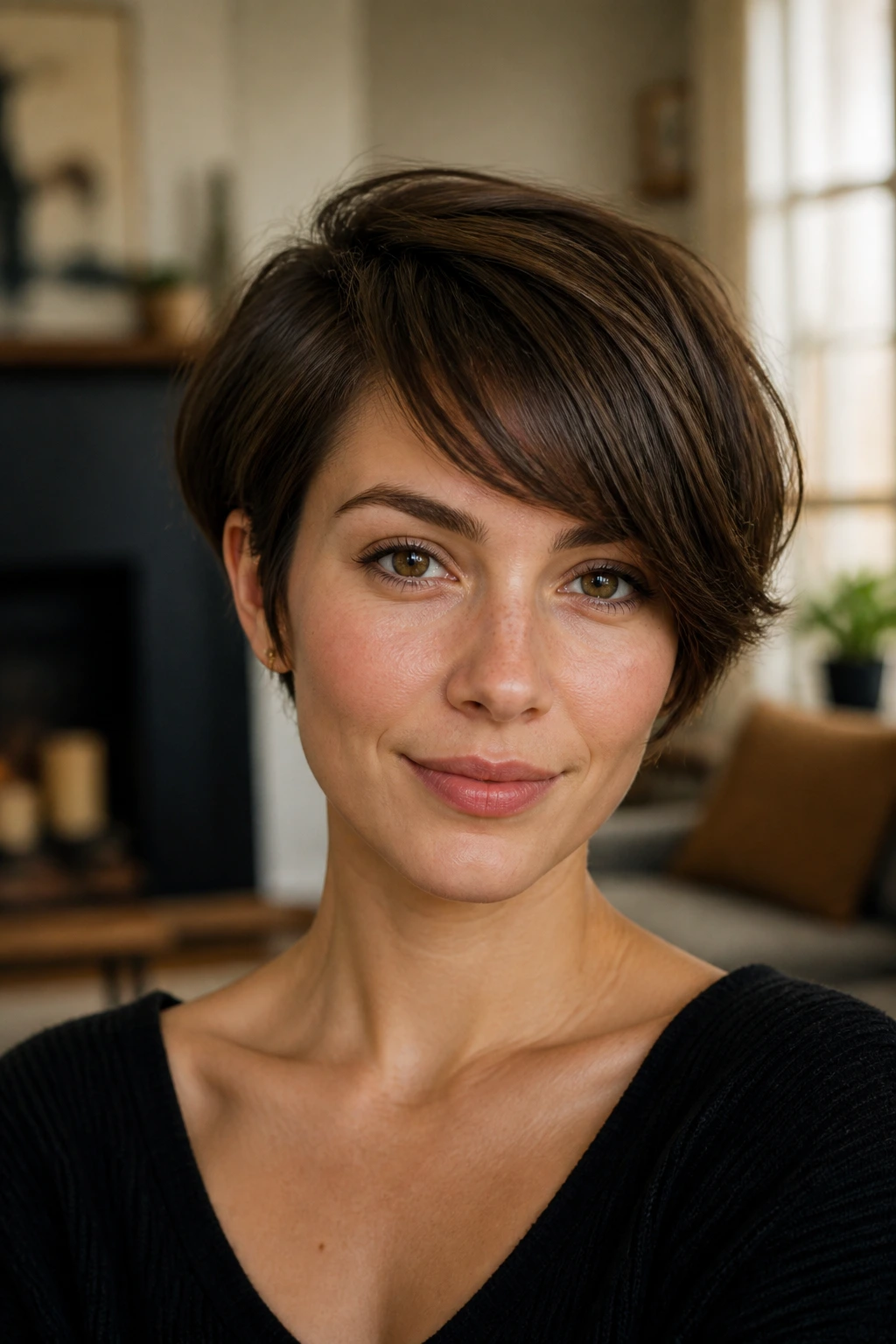 Close-up portrait showing a short haircut that flatters a heart-shaped face.
