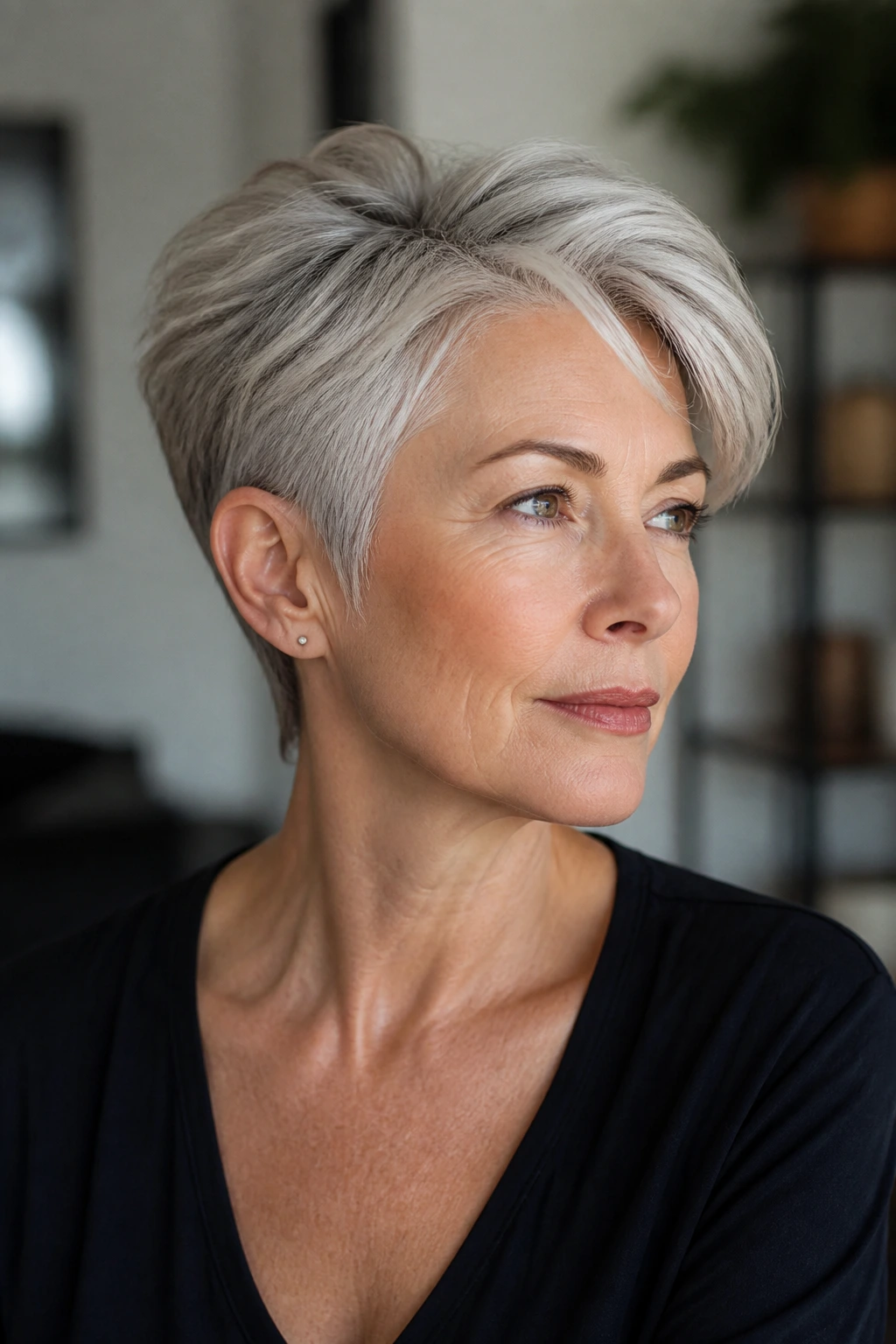 Close-up of a real woman with short sides and long top layers hairstyle