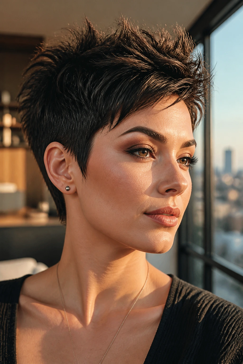 Portrait of a woman with a sharp, angular pixie cut showing real shape and lifted crown.
