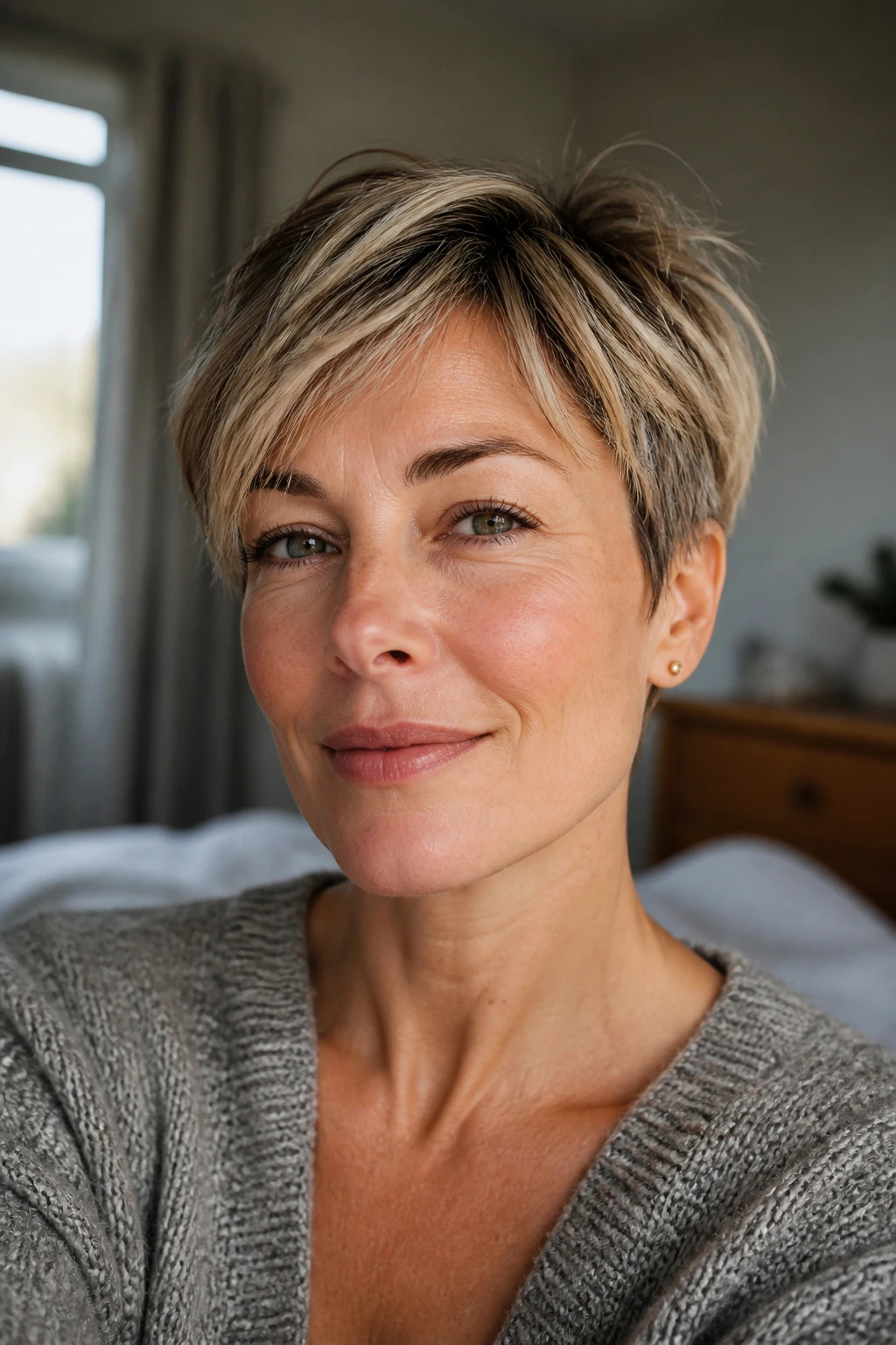 Close-up portrait of a person with a short haircut in a cozy morning setting