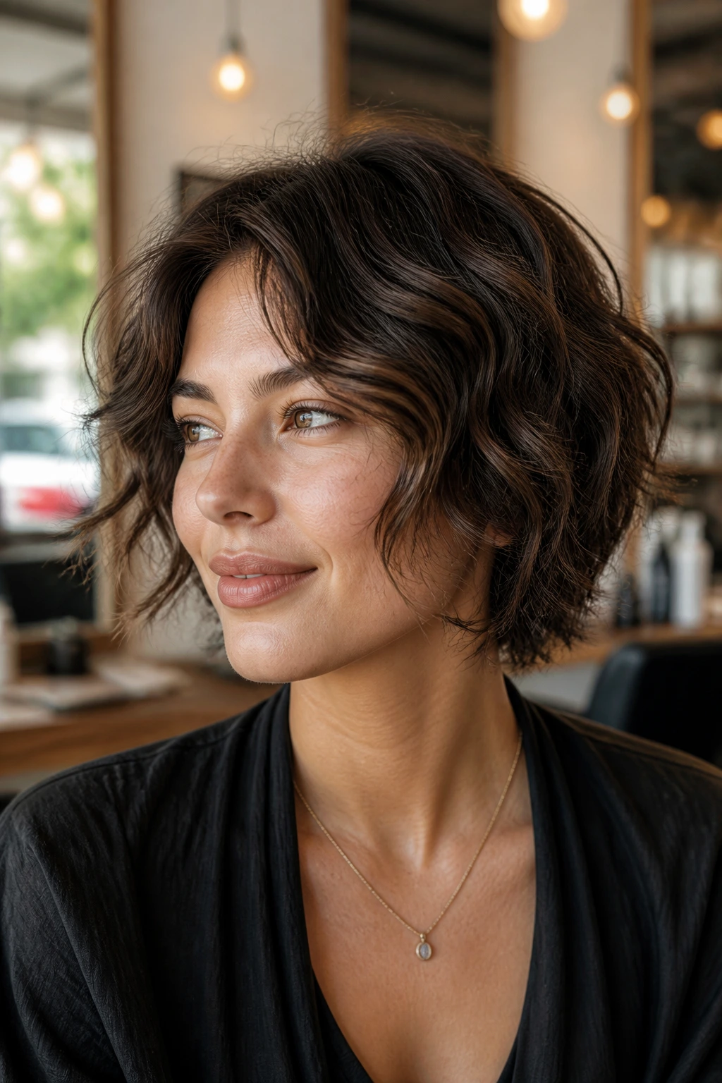 Close-up portrait of an oval-face model with a harmonious short wavy haircut in a warm salon.
