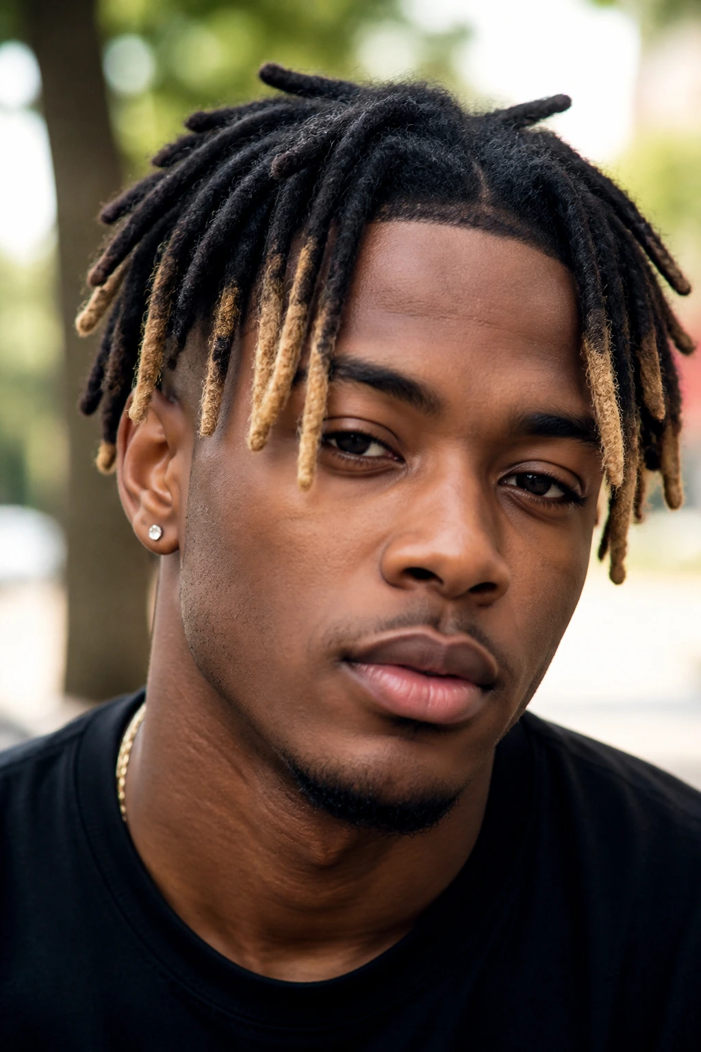 Close-up portrait of a real Black man with short dreads and face-framing highlight