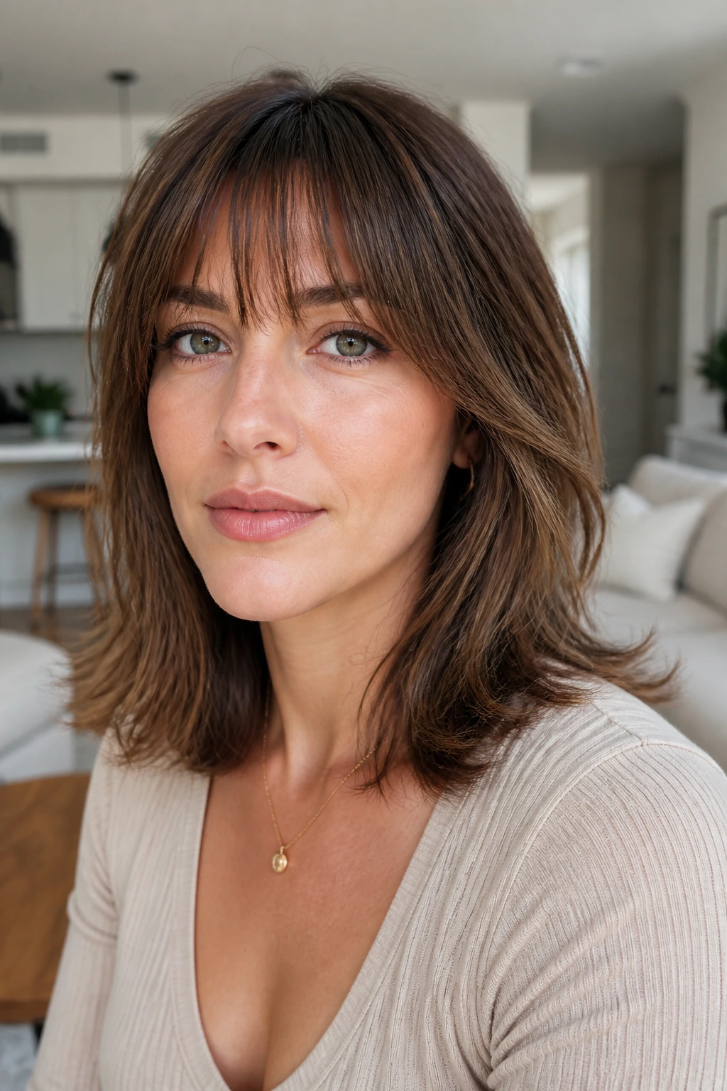 Close-up portrait of a real person with a short feathered fringe and swinging ends