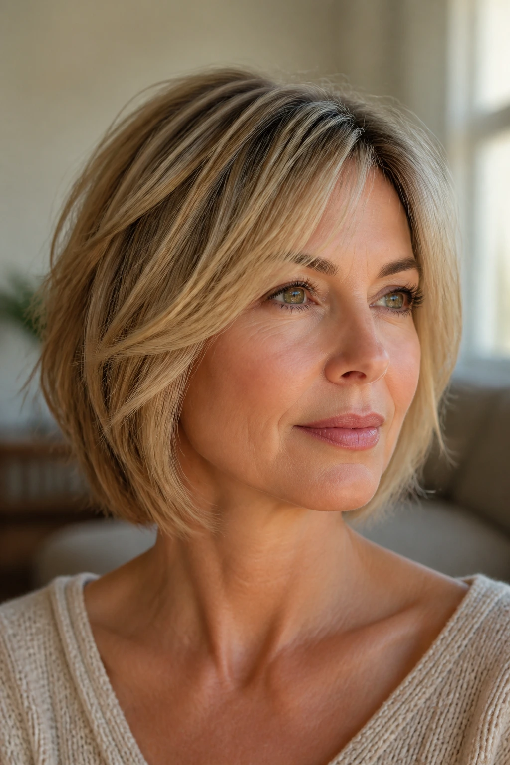 Portrait of a woman with a short fine hairstyle and soft layers framing the face.