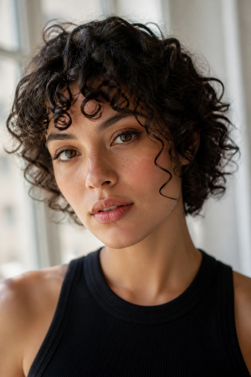 Real woman with short curly fringe in soft natural light