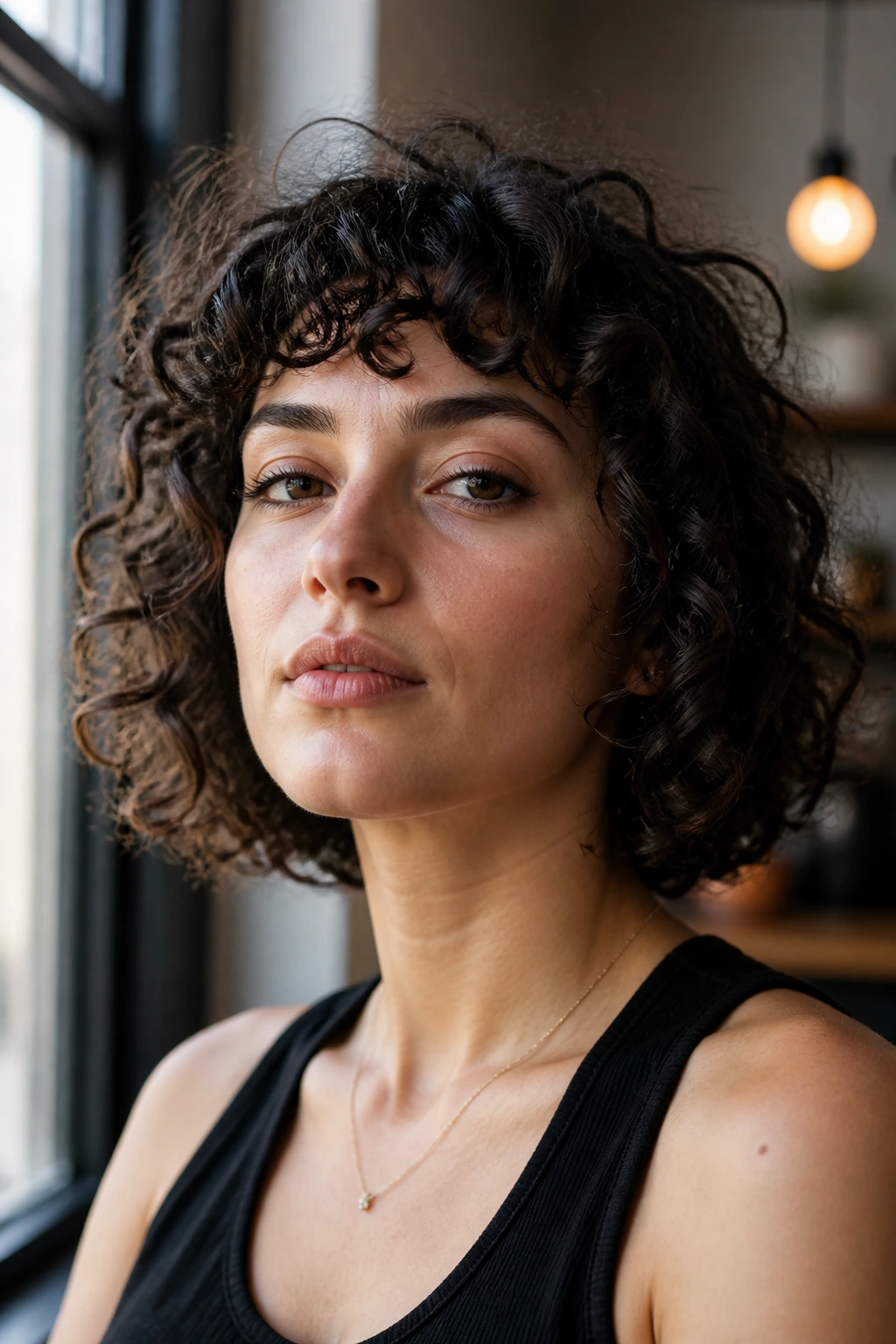 Close-up of a person with short fringe softening a square face under window light