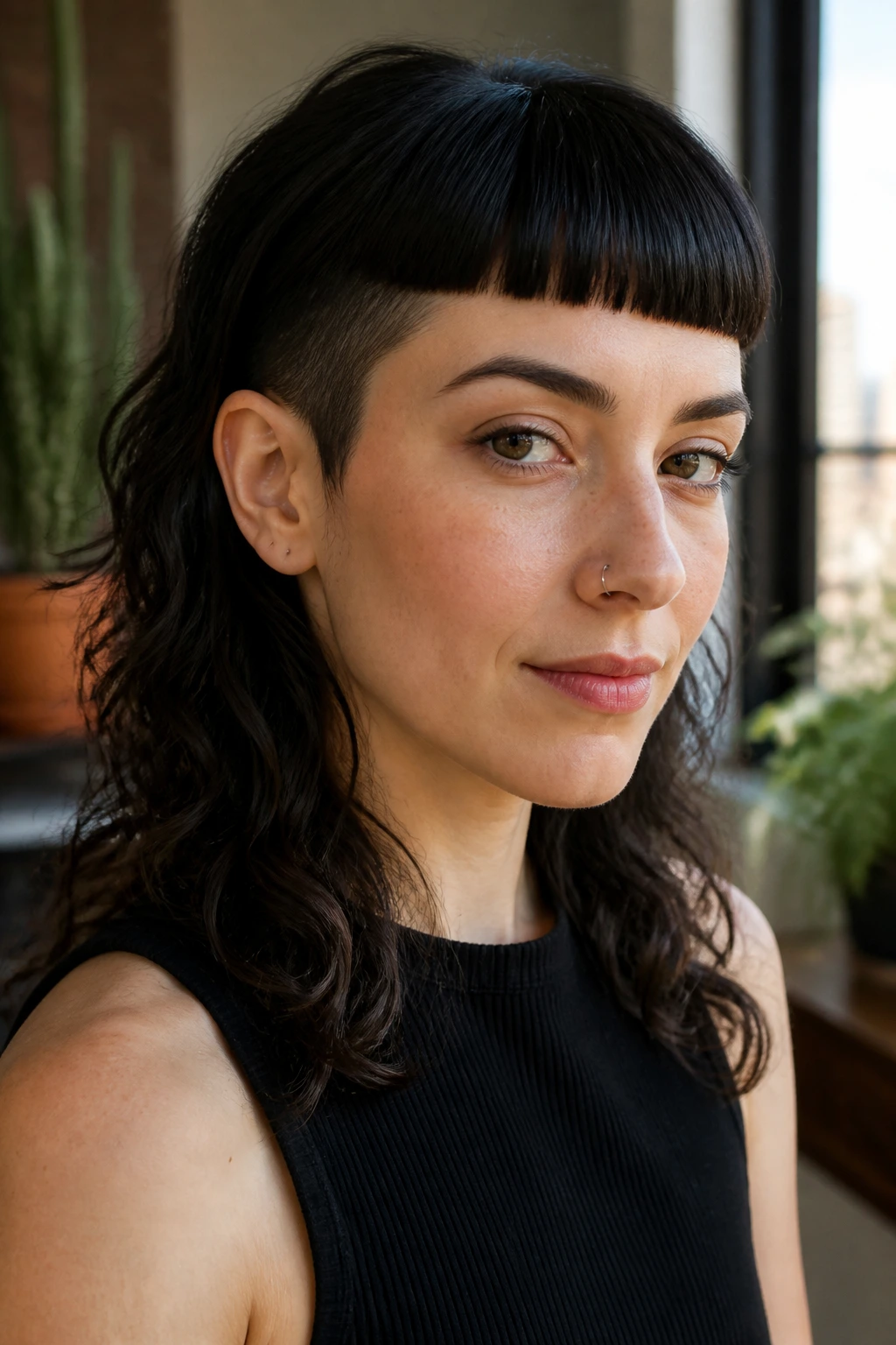 Portrait of a real woman with a short straight fringe and temple tapers.